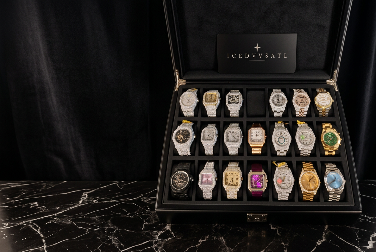 icedvvs luxury watch collection in a black display case